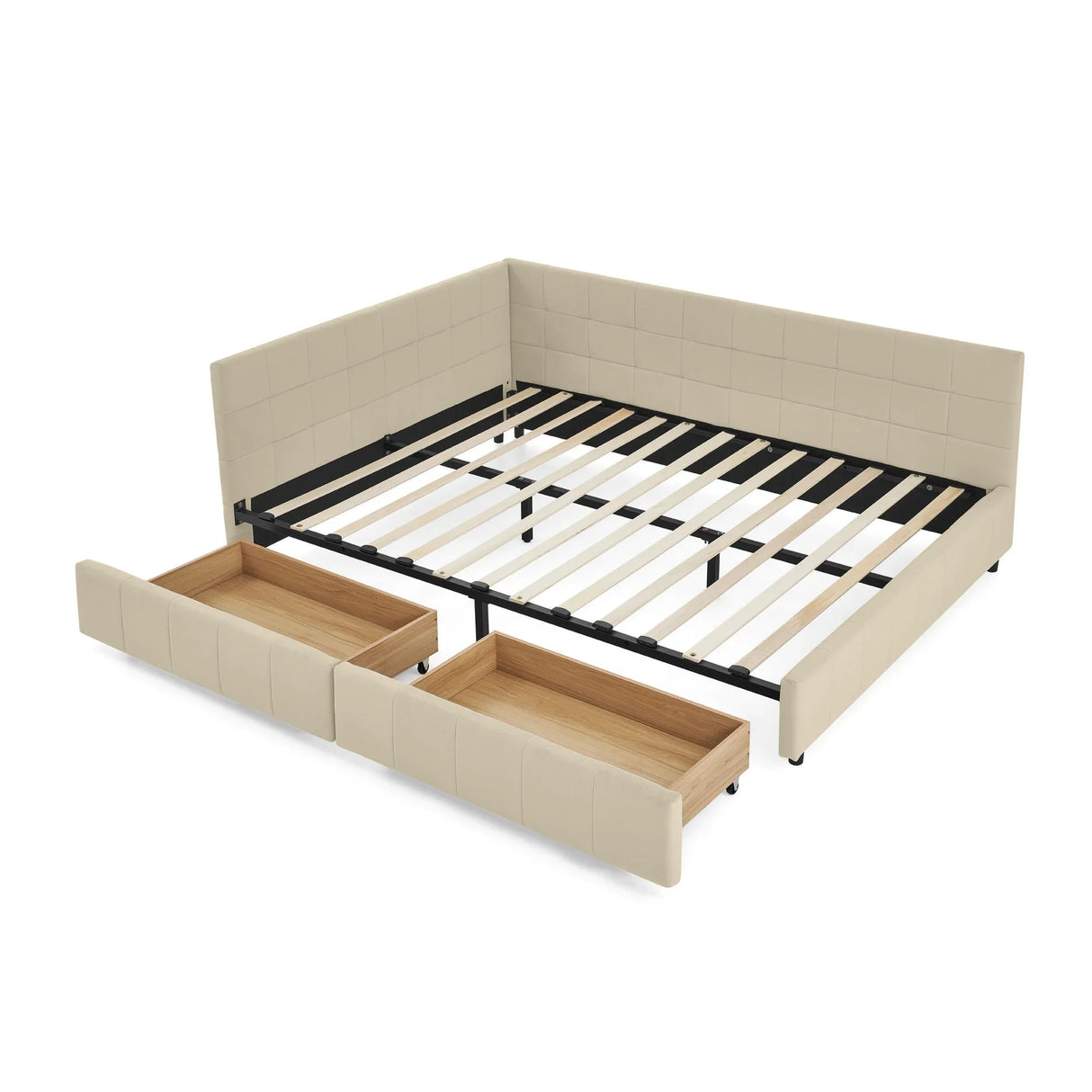 Mid-Century Storage Upholstered Tufted Bed Frame With Backrest And Armrests - Furniture Home Direct