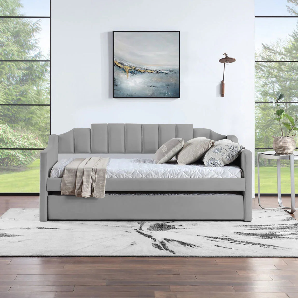 Daybed With Trundle Velvet Contemporary Twin Size Grey - Furniture Home Direct