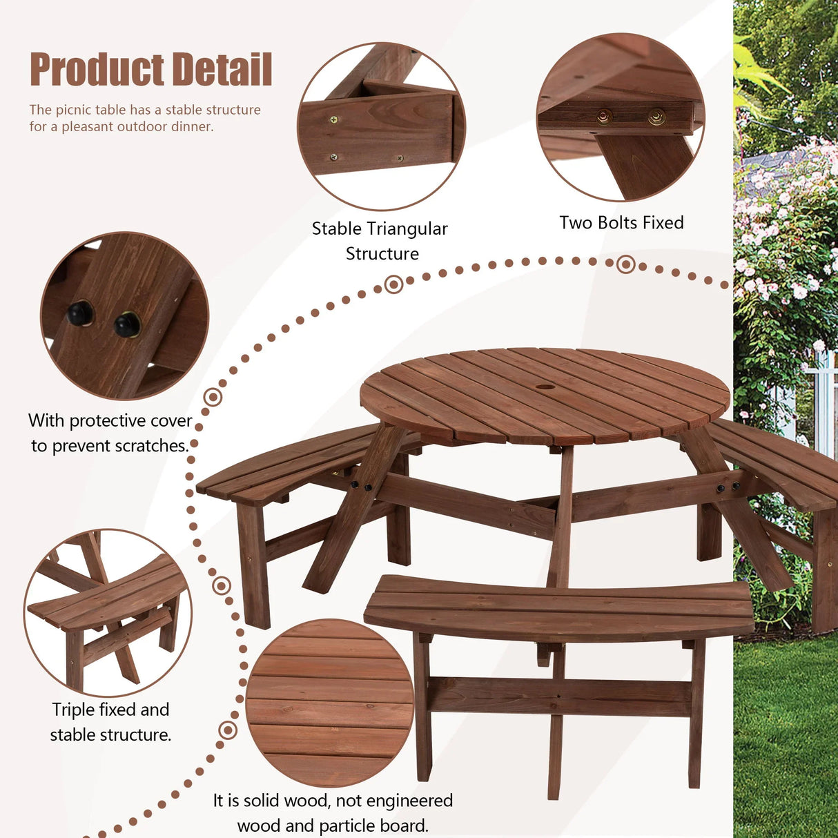 6 Person Circular Outdoor Wooden Picnic Table For Patio, Backyard, Garden, Diy With 3 Built-In Benches, 1720Lb Capacity - Furniture Home Direct