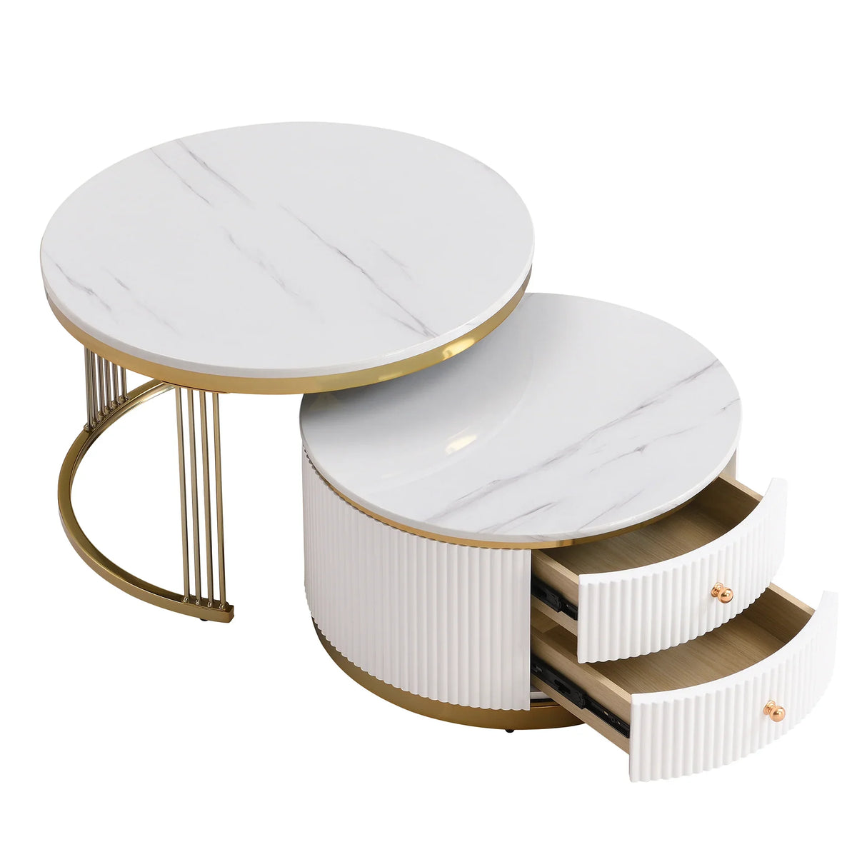 Nesting Coffee Tables With Drawers Round White And Gold - Furniture Home Direct