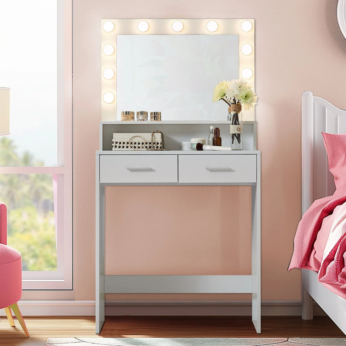 Vanity Desk With Mirror And Lights, Dressing Table With Large Drawer, 2 Level Storage Dresser & 3 Lighting Modes Adjustable Brightness, Suitable For Bedroom - Furniture Home Direct
