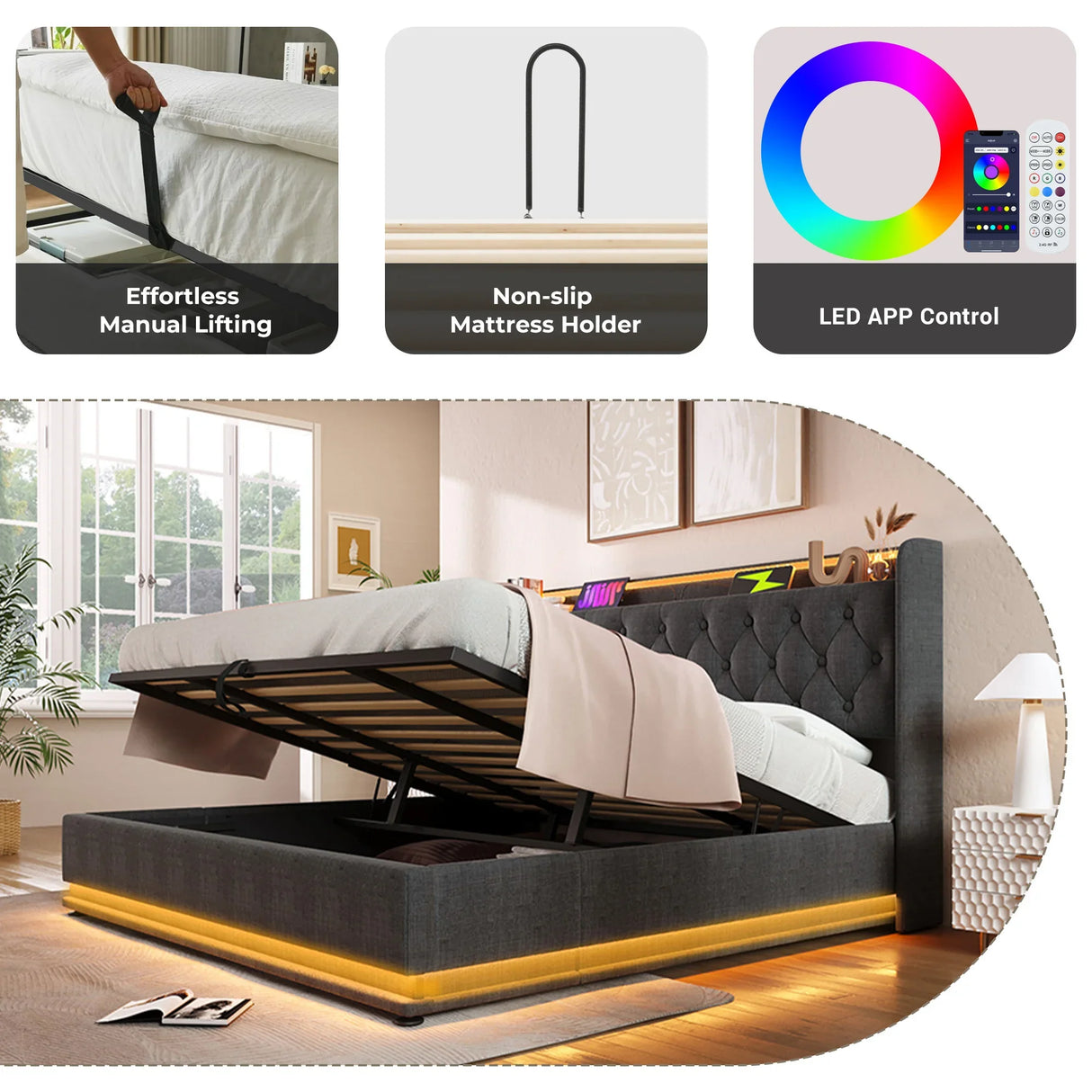 King Bed LED 360 Surround Lighting Storage USB Type C Gray - Furniture Home Direct