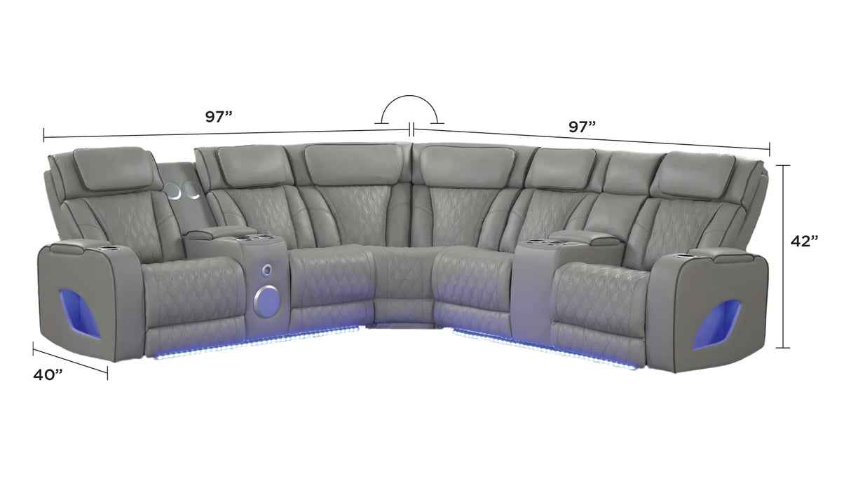 Fortuner Modern Power Reclining Sectional with Bluetooth and LED - Gray - Furniture Home Direct