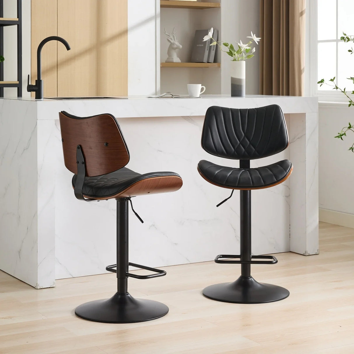 Counter Stool Adjustable PU Leather Upholstered Black - Furniture Home Direct