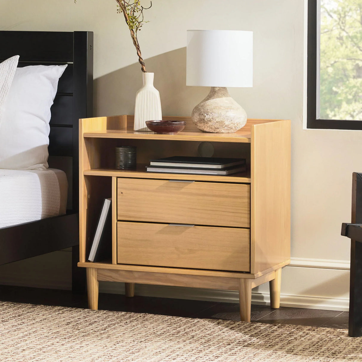 Mid-Century Modern Solid Wood 2 Drawer Gallery Nightstand - Furniture Home Direct