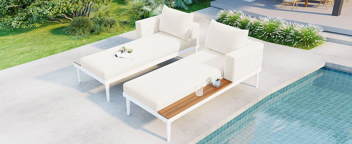 Outdoor Chaise Lounge Modern Cushions Wood Tray Beige - Furniture Home Direct