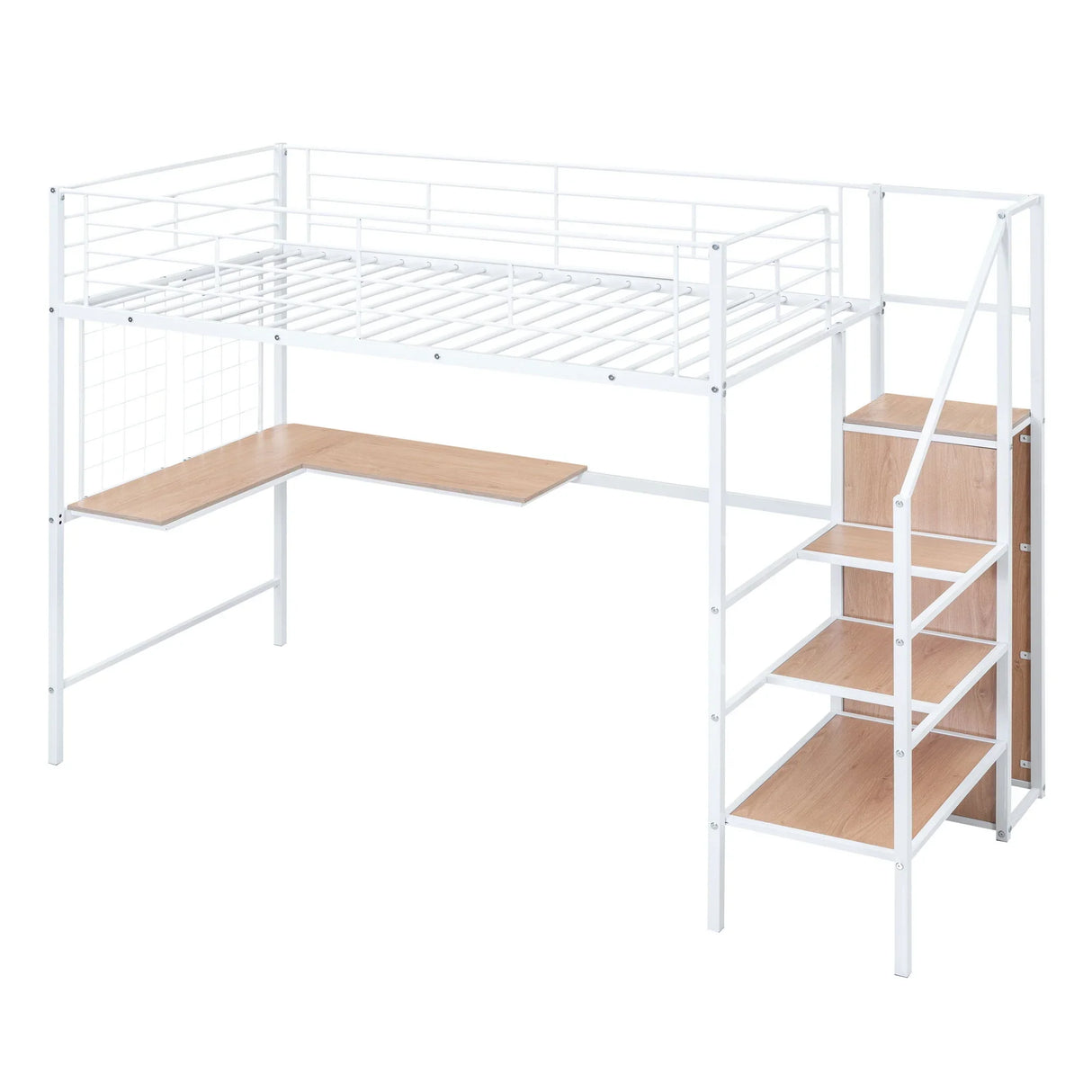 Loft Bed With Desk And Grid, Stylish Frame With Lateral Storage Ladder And Wardrobe - Furniture Home Direct