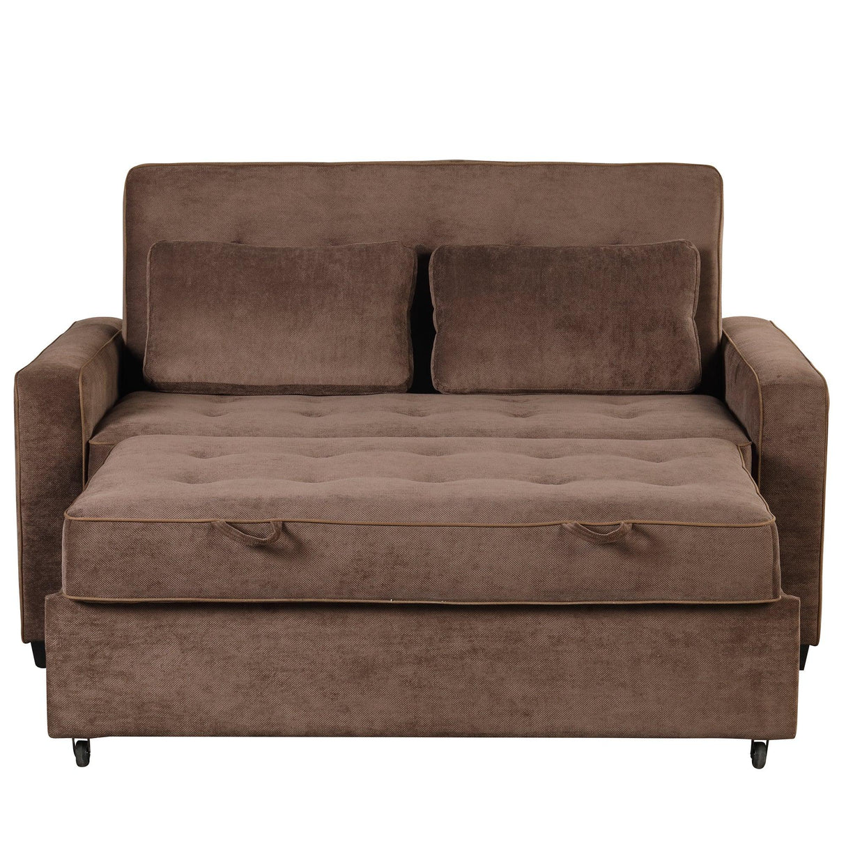 66.5" Upholstered Loveseat With Pull Out Bed, Two Throw Pillows, Dual USB Charging Port and Adjustable Backrest - Brown - Furniture Home Direct