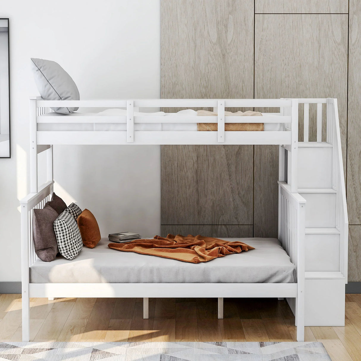 Stairway Bunk Bed With Storage And Guard Rail For Bedroom - Furniture Home Direct