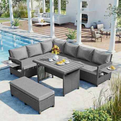 Outdoor Sectional With Side Tables, Tables and Sitting Ottoman- Gray - Furniture Home Direct