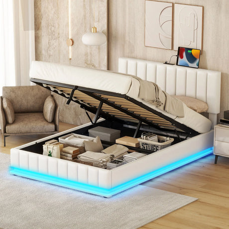 Upholstered Bed With Hydraulic Storage System And LED Light, With Sockets And USB Ports - Furniture Home Direct