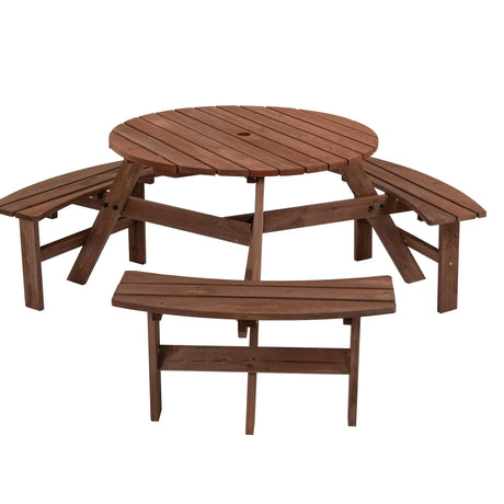 6 Person Circular Outdoor Wooden Picnic Table For Patio, Backyard, Garden, Diy With 3 Built-In Benches, 1720Lb Capacity - Furniture Home Direct