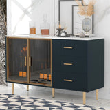 Modern Sideboard Buffet Cabinet Marble Sticker Tabletop And Amber-Yellow Tempered Glass Doors With Gold Metal Legs & Handles - Furniture Home Direct