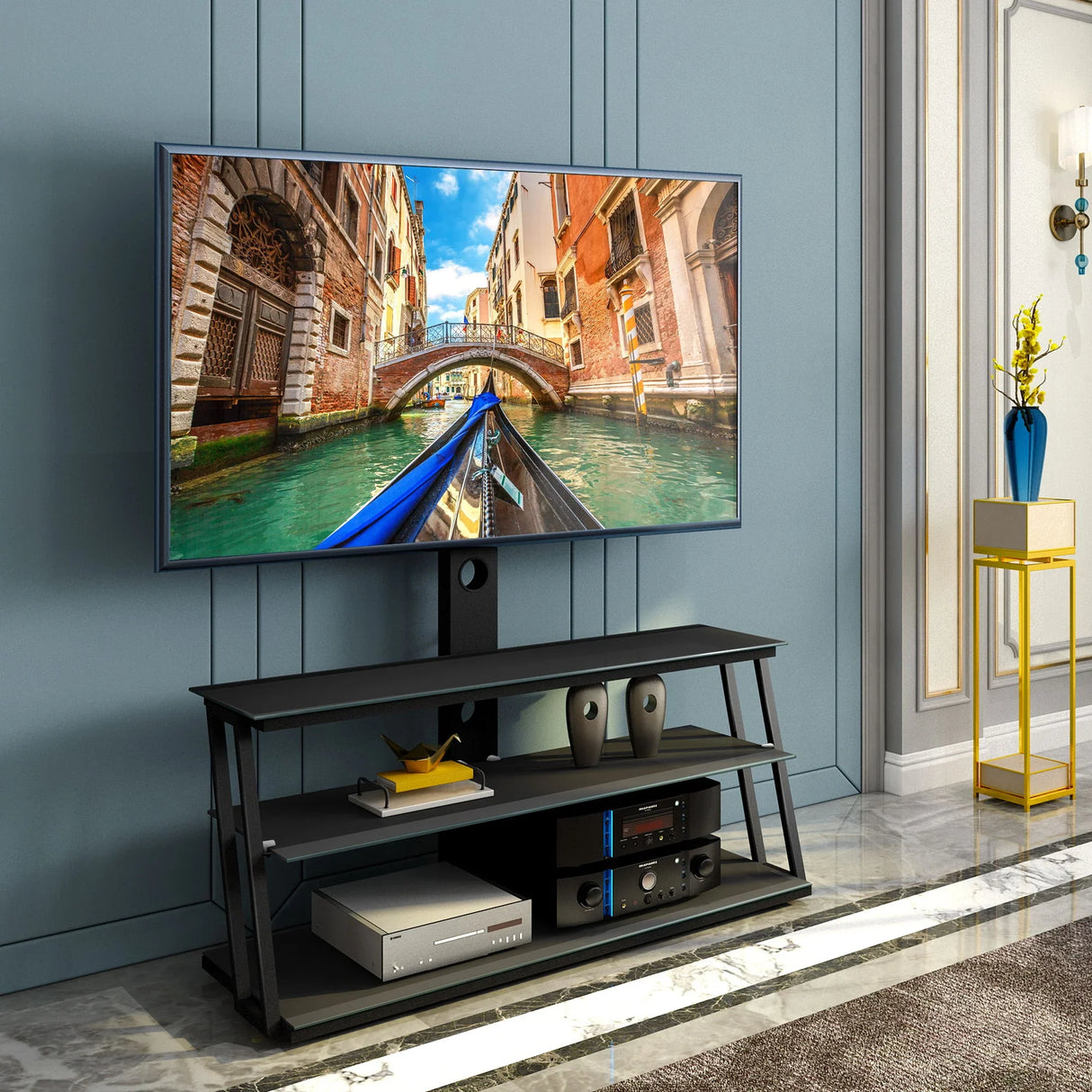 Multi-Function Angle And Height Adjustable Tempered Glass TV Stand - Black - Furniture Home Direct