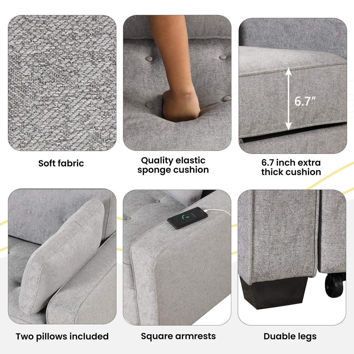 66.5" Upholstered Loveseat With Pull Out Bed, Two Throw Pillows, Dual USB Charging Port and Adjustable Backrest - Light Gray - Furniture Home Direct