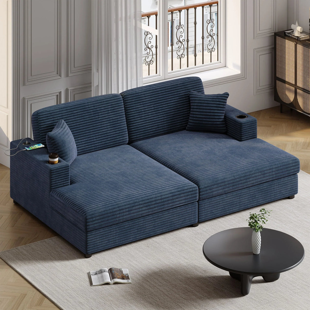 Oversized Loveseat Chaise With 2 USB Ports, 2 Cup Holders And 2 Throw Pillows - Furniture Home Direct