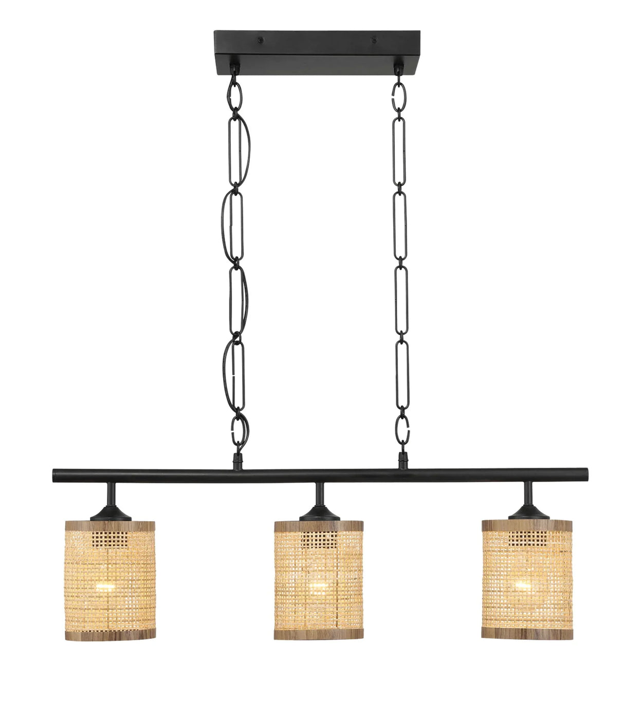 Elysian - 3 Lights Island With Natural Shade Farmhouse Chain Ceiling Lamp - Black / Rattan - Furniture Home Direct