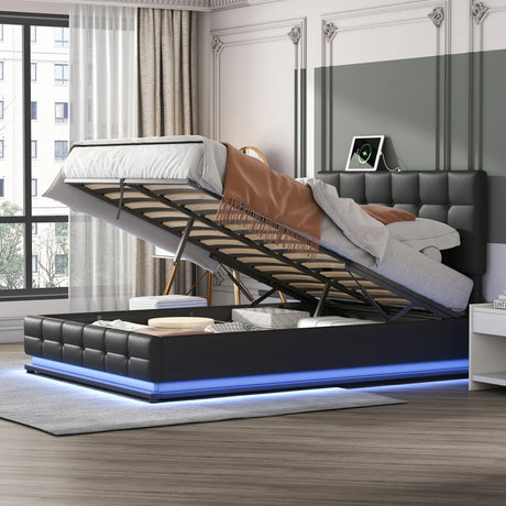 Queen Platform Bed Tufted Upholstered Storage Led Black - Furniture Home Direct