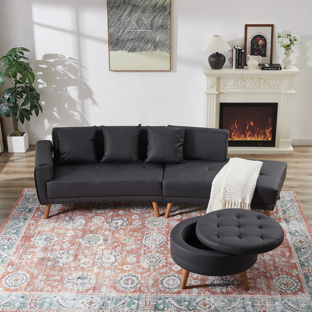 107 Inch Black Sectional With Round Storage Ottoman - Furniture Home Direct