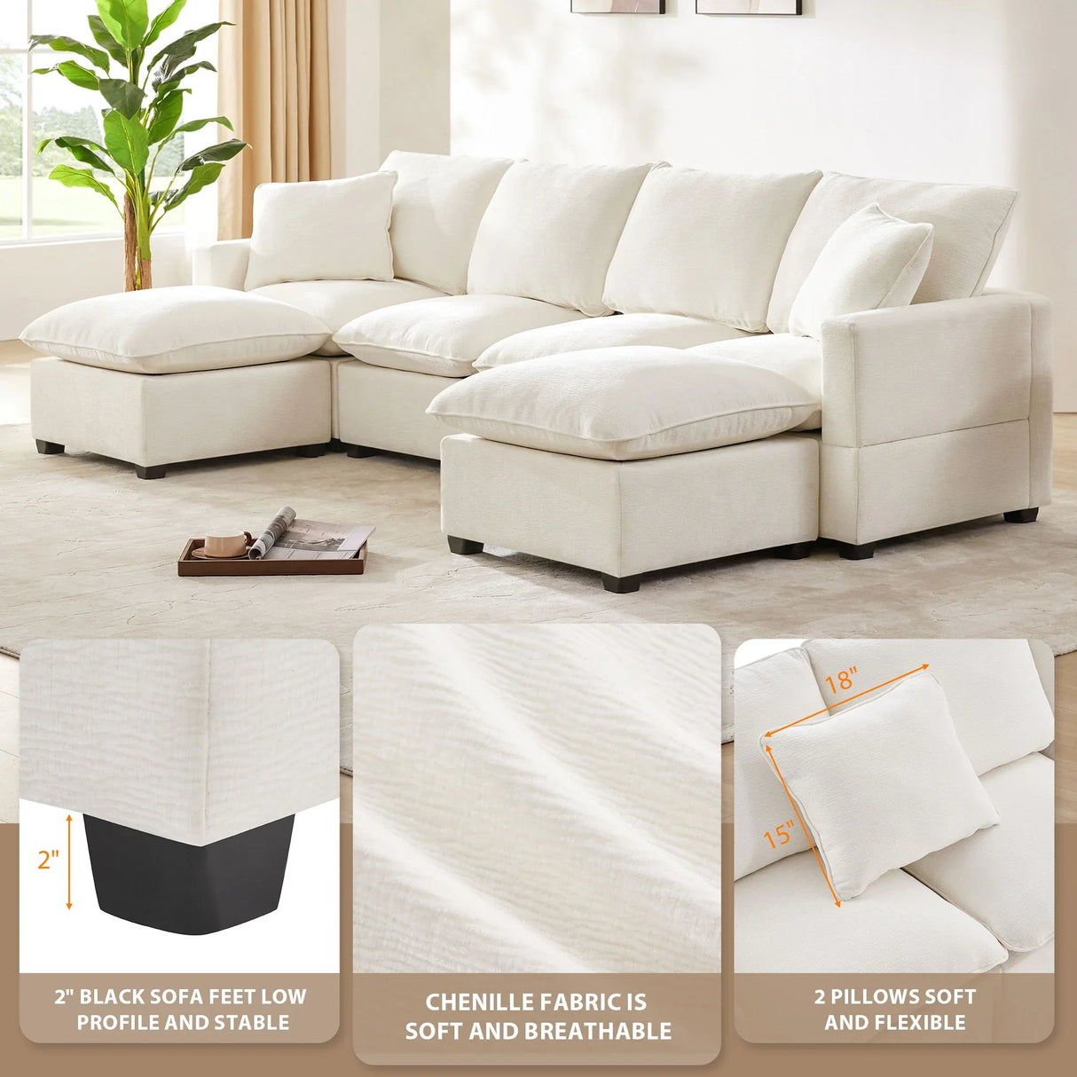 Modern U-Shape Modular Sofa, 6 Seat Chenille Sectional Couch Set With 2 Pillows Included, Freely Combinable Indoor Funiture For Living Room, Apartment, Office - Furniture Home Direct