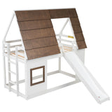 Wood Twin Size House Bunk Bed With Roof, Ladder And Slide - White / Brown - Furniture Home Direct