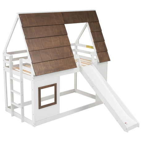 Wood Twin Size House Bunk Bed With Roof, Ladder And Slide - White / Brown - Furniture Home Direct
