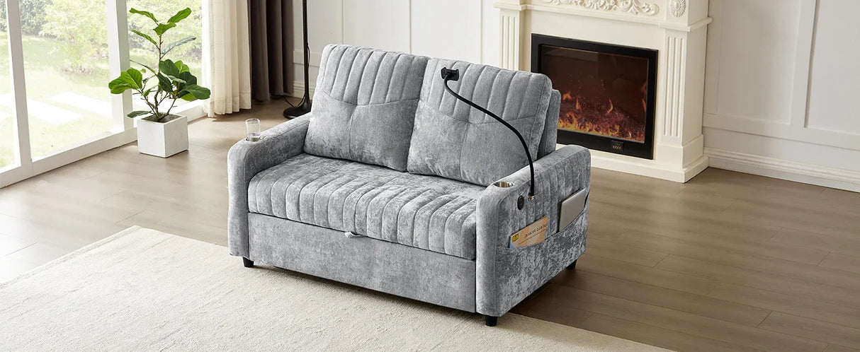 Sleeper Sofa With Adjustable Backrest, Two Cup Holders, Phone Holder, Three Charging Ports And Side Storage Pockets - Gray - Furniture Home Direct
