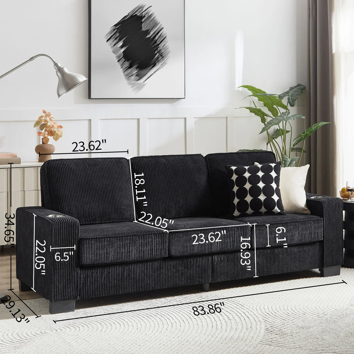 Modern Corduroy Fabric Sofa, 3 Seater Compressed Couch With Cup Holders - Furniture Home Direct