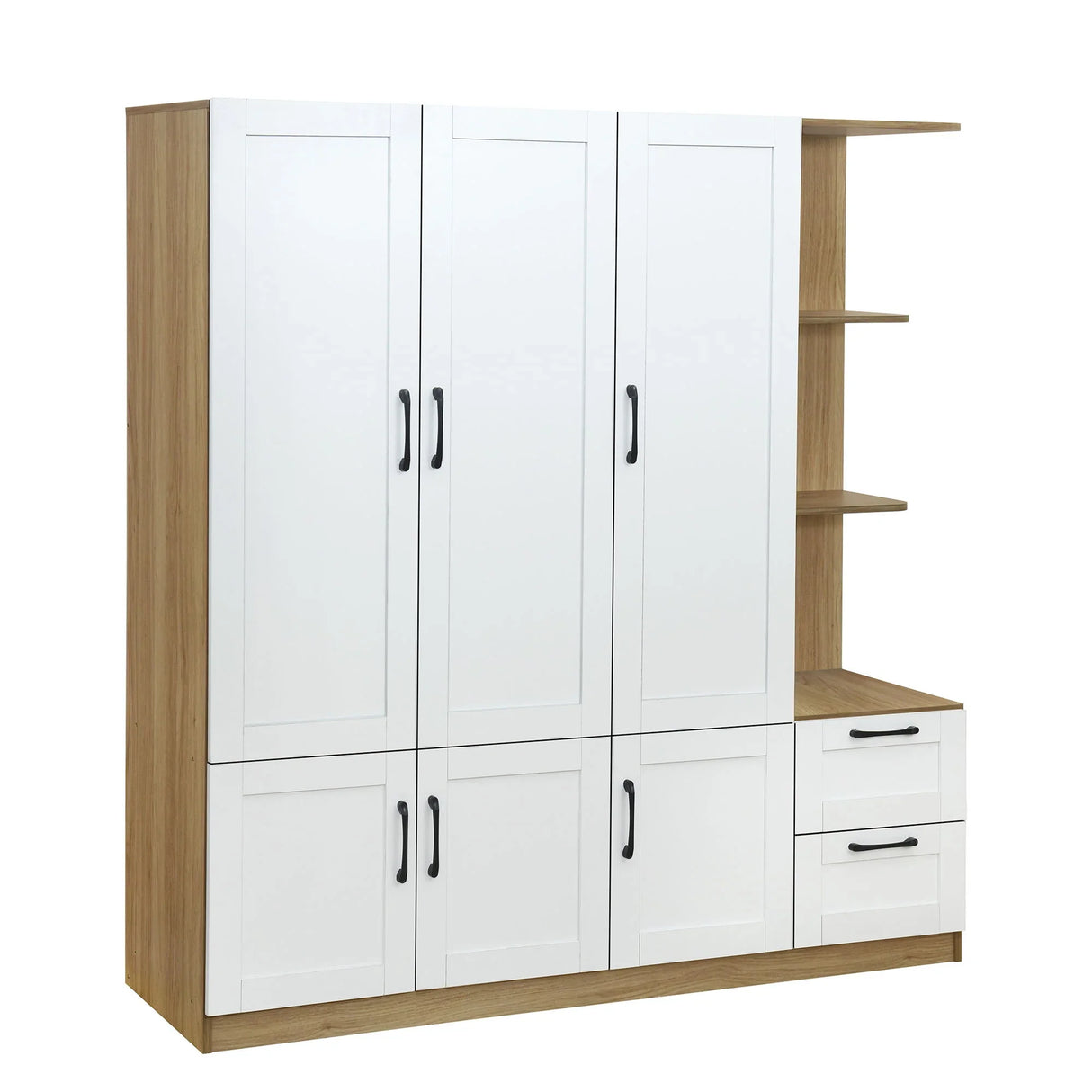 3 Door Storage Wardrobe For Dedroom With Shelves And 2 Drawers, Side Storage Shelves - Furniture Home Direct