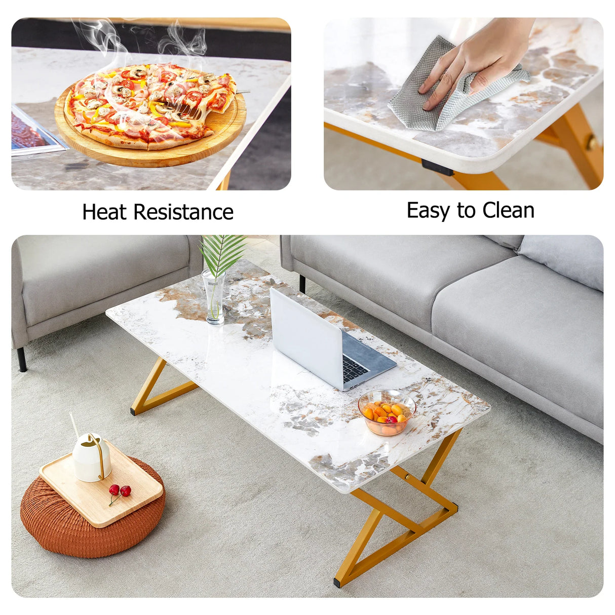 Coffee Table Marble Pattern Rectangular Gold Frame White - Furniture Home Direct