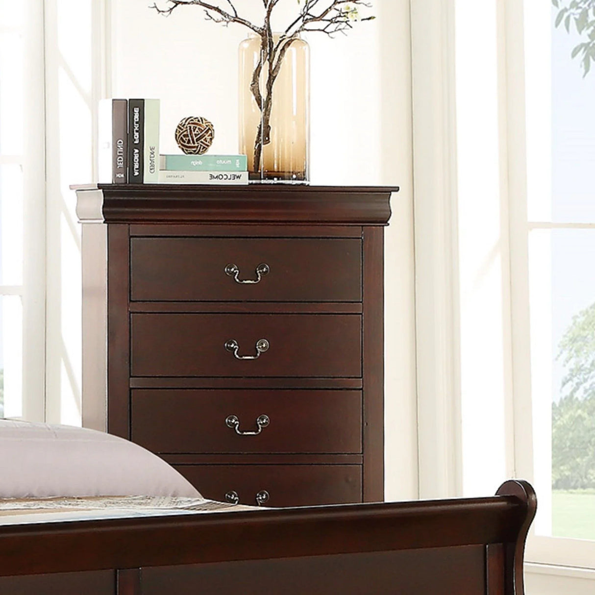 Contemporary Louis Philip Cherry Chest With Five Drawers Solid Wood Ample Storage - Cherry - Furniture Home Direct