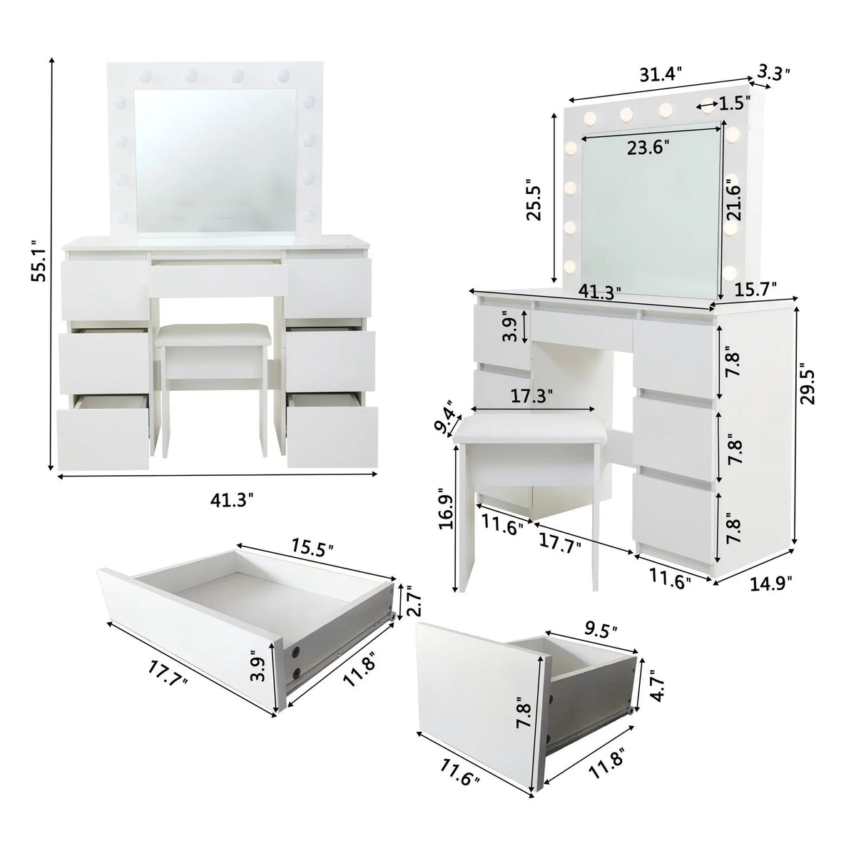Large Vanity Tables With Mirror And Light - Matte White - Furniture Home Direct