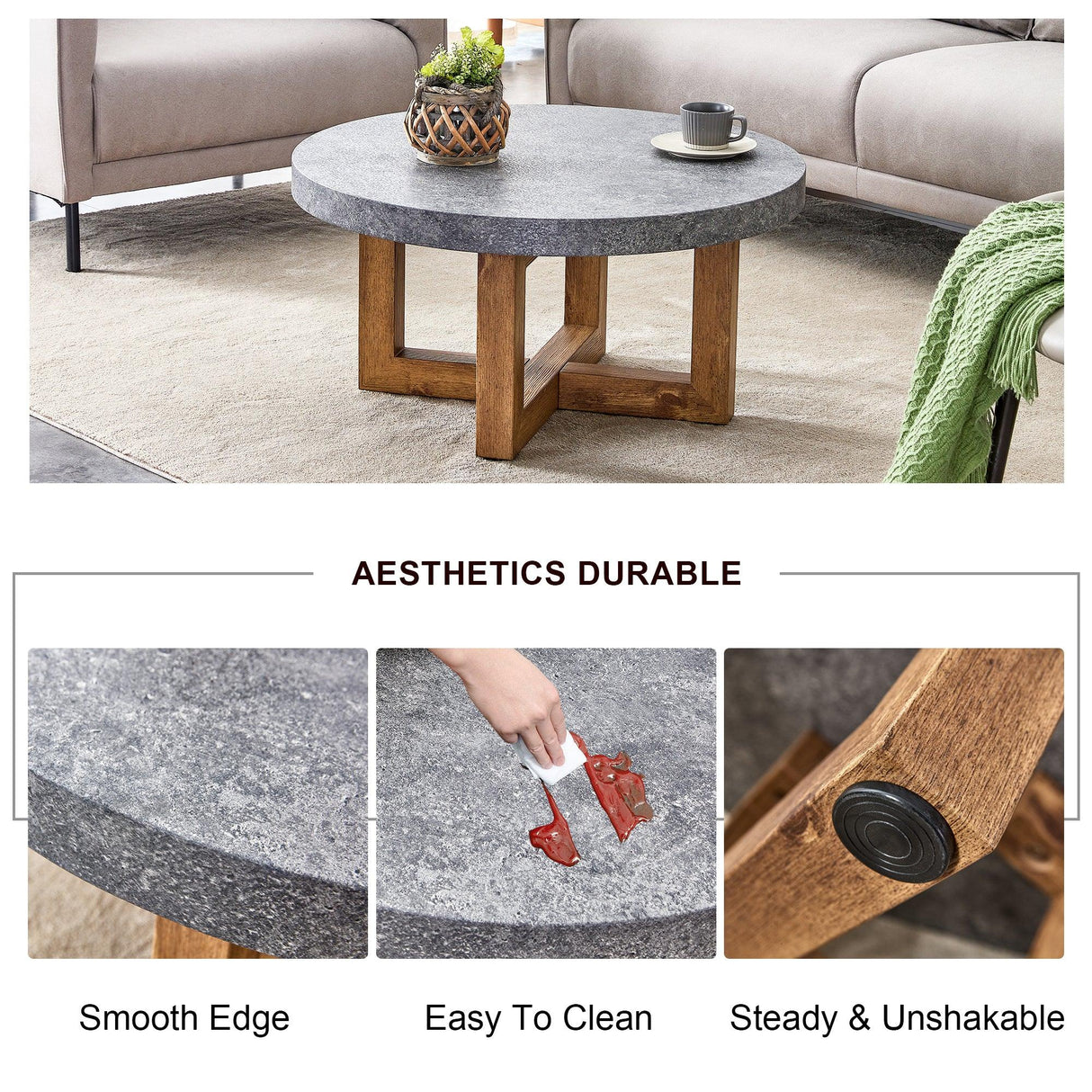 Coffee Table Round Stone Finish Wood Base Contemporary Gray - Furniture Home Direct