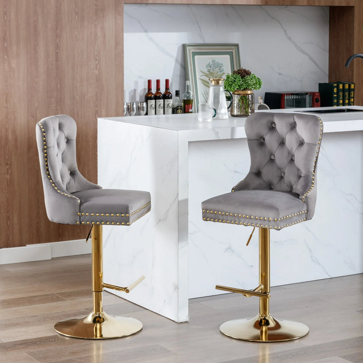 Counter Stools Tufted Velvet Back Swivel Gold Base Gray - Furniture Home Direct