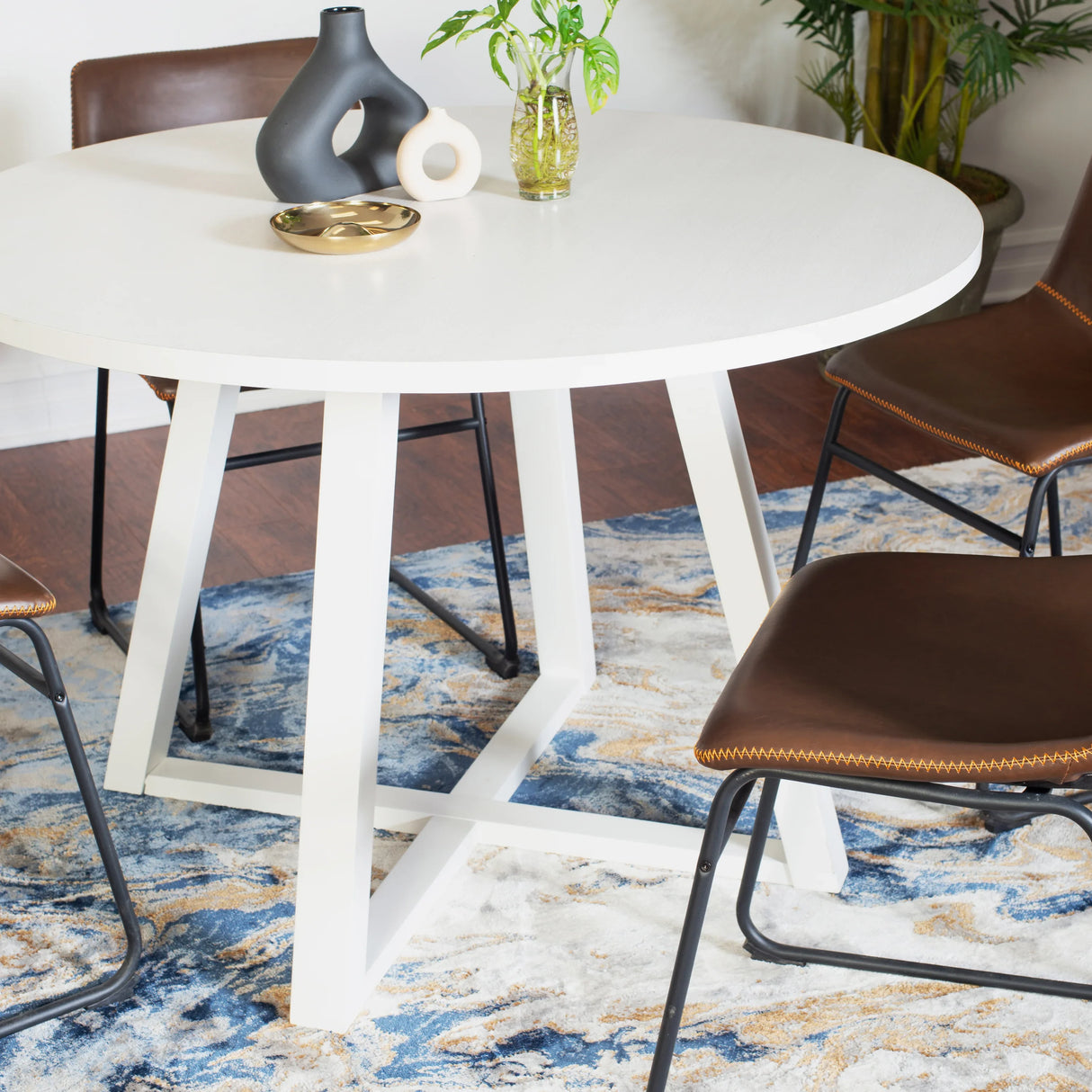 Round Dining Set with Leather Chairs Seats For Four White - Furniture Home Direct