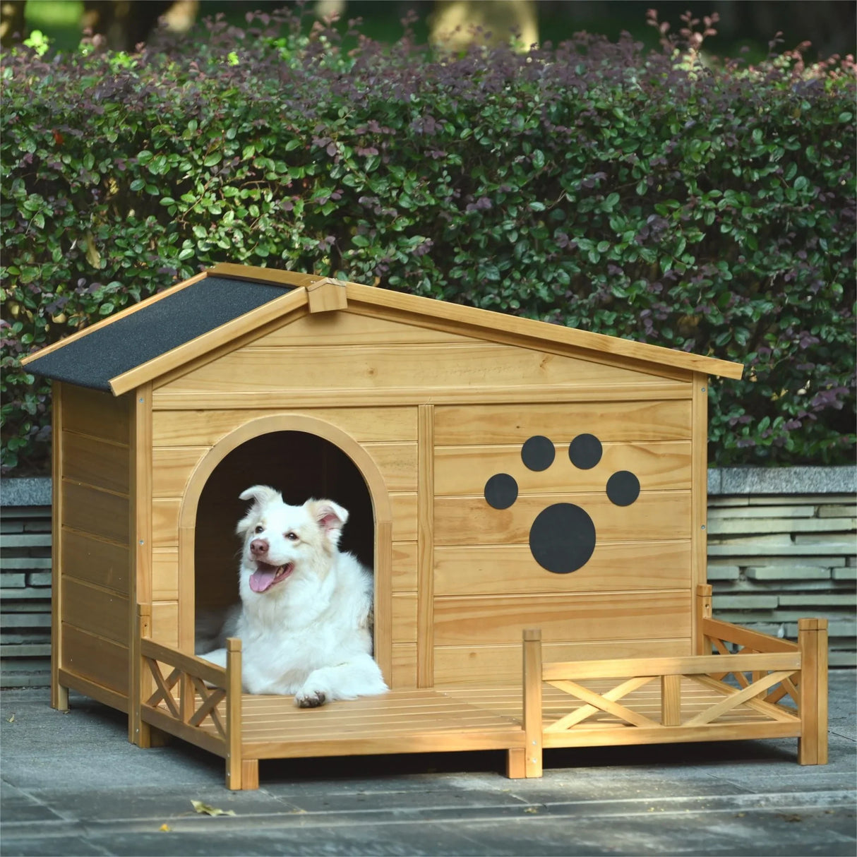 Wooden Dog House Outdoor With Porch, Dog Kennel With Water Resistant Asphalt Roof And Fencing, Indoor & Outdoor Dog Crate With Paw Print, Medium - Nature - Furniture Home Direct