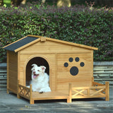 Wooden Dog House Outdoor With Porch, Dog Kennel With Water Resistant Asphalt Roof And Fencing, Indoor & Outdoor Dog Crate With Paw Print, Medium - Nature - Furniture Home Direct