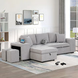 Pull Out Sleeper Sofa Reversible L-Shape 3 Seat Sectional Couch With Storage Chaise And 2 Stools For Living Room Furniture Set - Gray - Furniture Home Direct