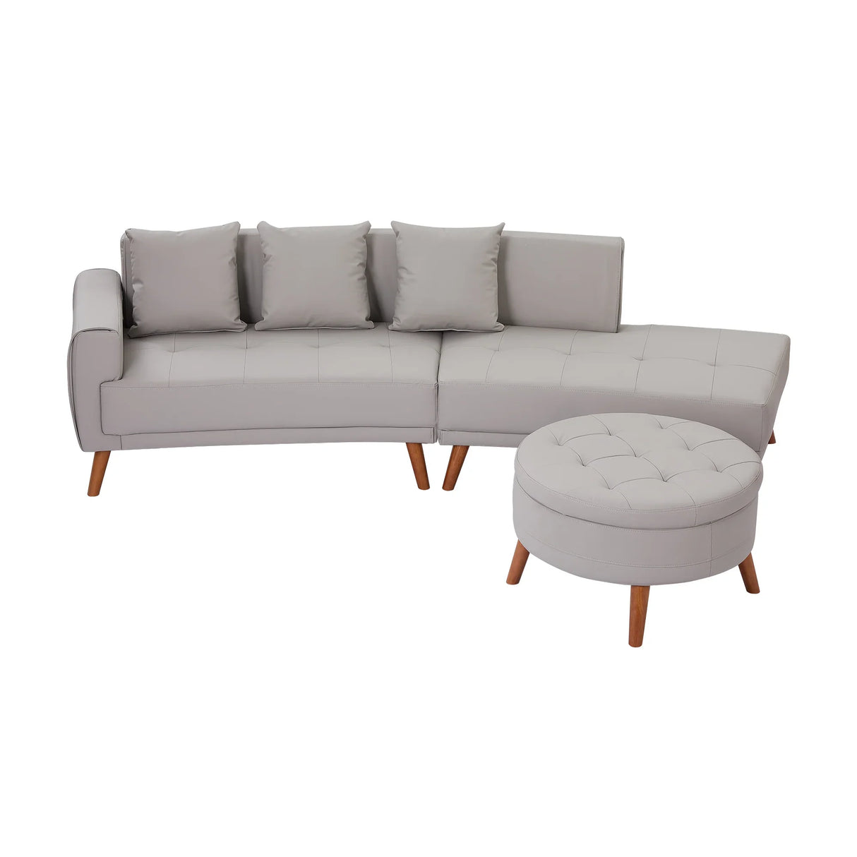 107 Inch Contemporary Sofa With Round Storage Ottoman Grey - Furniture Home Direct