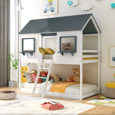 Twin Over Twin Bunk Bed With Roof, Window, Guardrail, Ladder - Furniture Home Direct