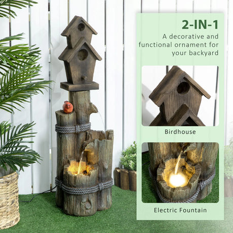 Outsunny - Outdoor Fountain With Birdhouse, Cascading Garden Waterfall Bird Bath With 3 Tier Rustic Tree Trunk / Log Design, LED Lights For Porch, Deck, Yard Decor - Brown - Furniture Home Direct