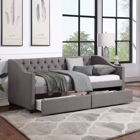 Twin Size Upholstered Daybed With Two Drawers, Slat Support - Gray - Furniture Home Direct