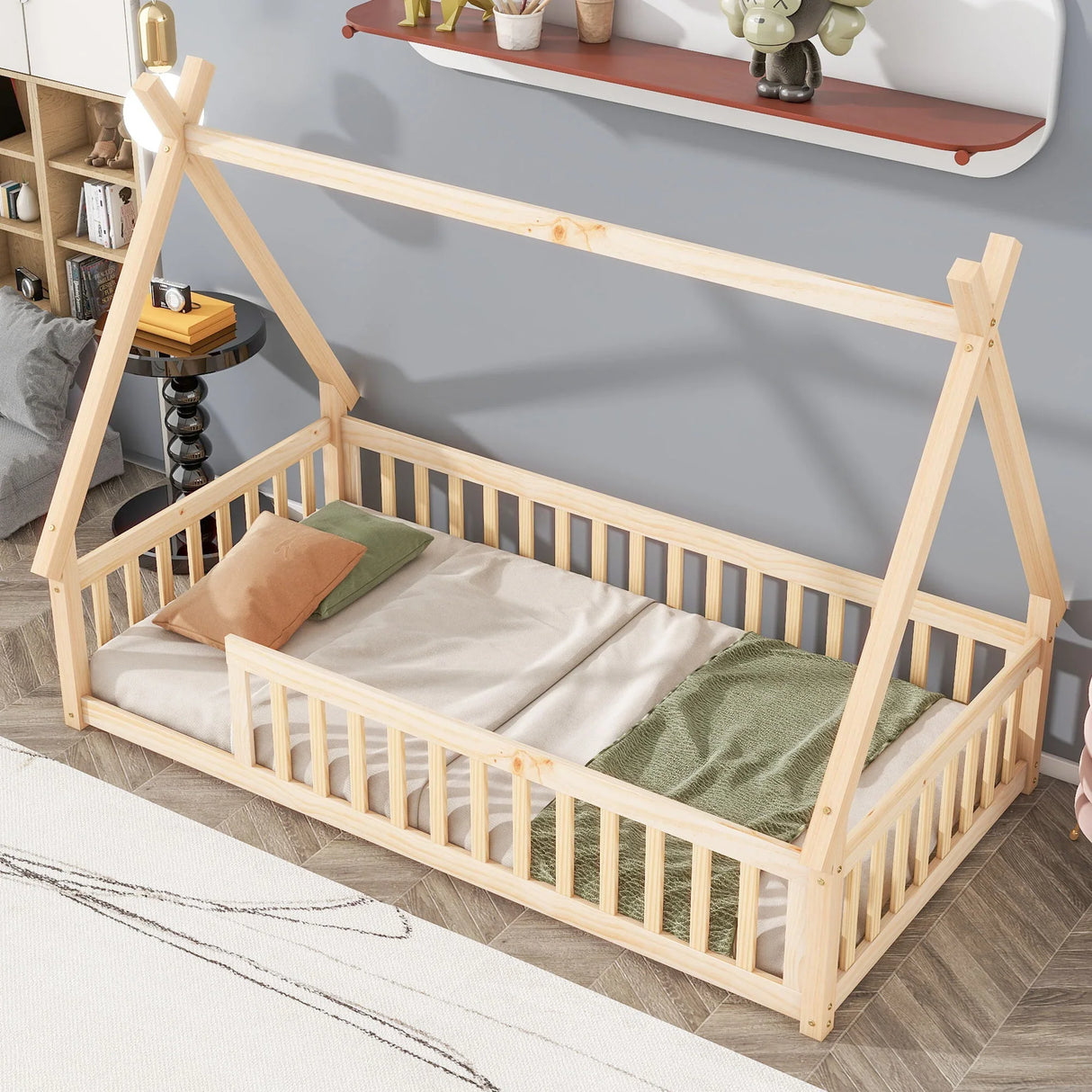 Tent-Shaped Floor Bed, Teepee Bed With Guardrails, Slats - Furniture Home Direct