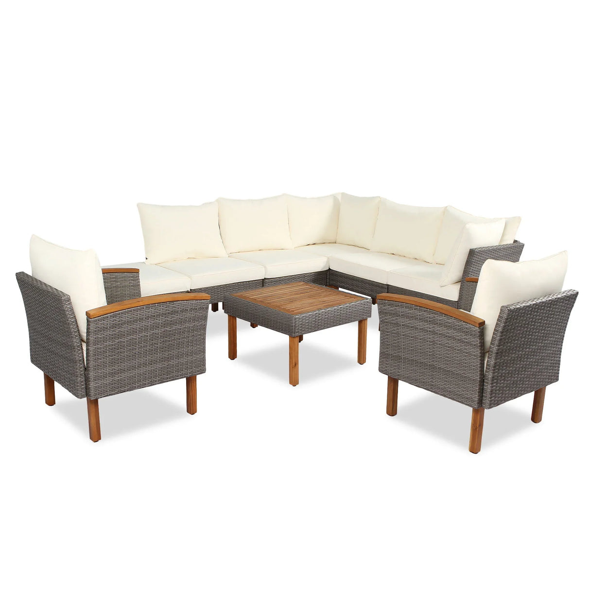 9 Piece Patio Rattan Furniture Set, Outdoor Conversation Set With Acacia Wood Legs And Tabletop, PE Rattan Sectional Sofa Set With Coffee Table, Washable Cushion - Furniture Home Direct