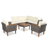 9 Piece Patio Rattan Furniture Set, Outdoor Conversation Set With Acacia Wood Legs And Tabletop, PE Rattan Sectional Sofa Set With Coffee Table, Washable Cushion - Furniture Home Direct