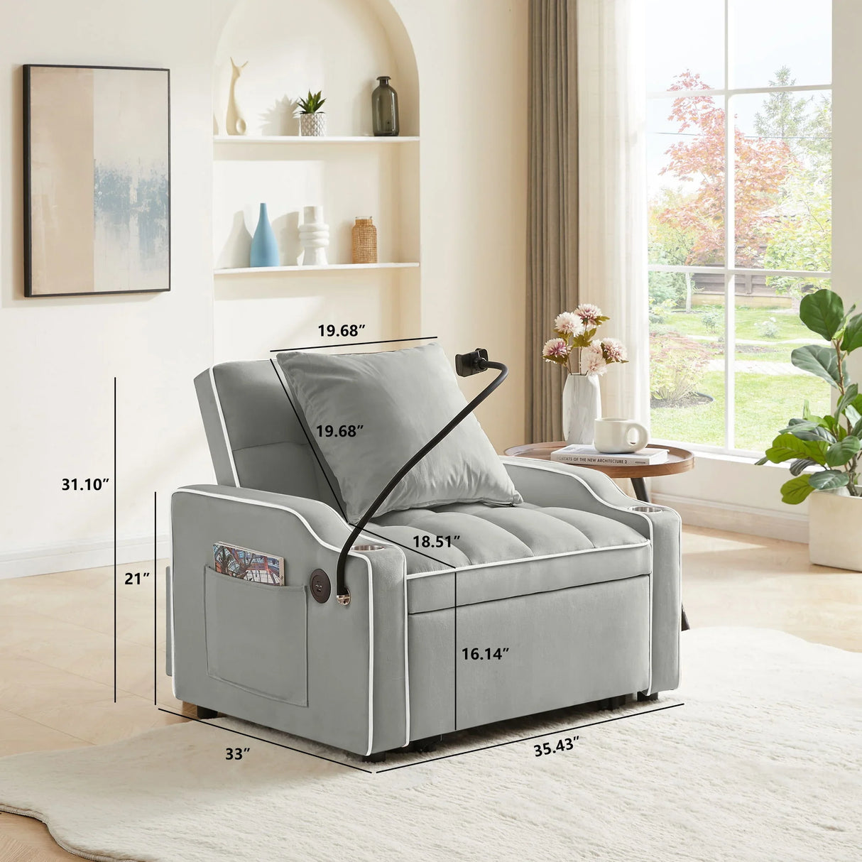 Convertible Velvet 3 In 1 Sofa Bed With Adjustable Sleeper Chair And Multi Pockets - Furniture Home Direct