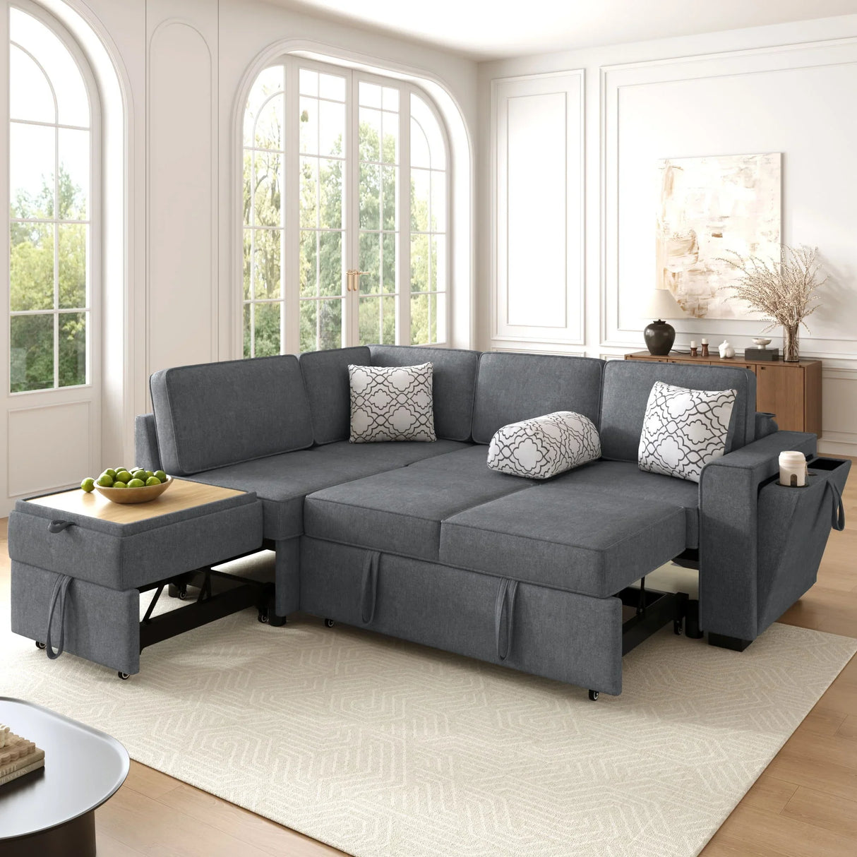 Convertible Sectional L-Shaped Sofa With Dual Pull-Out Sleepers, Flip-Top Table, USB Ports, Cup Holder & Storage - Furniture Home Direct