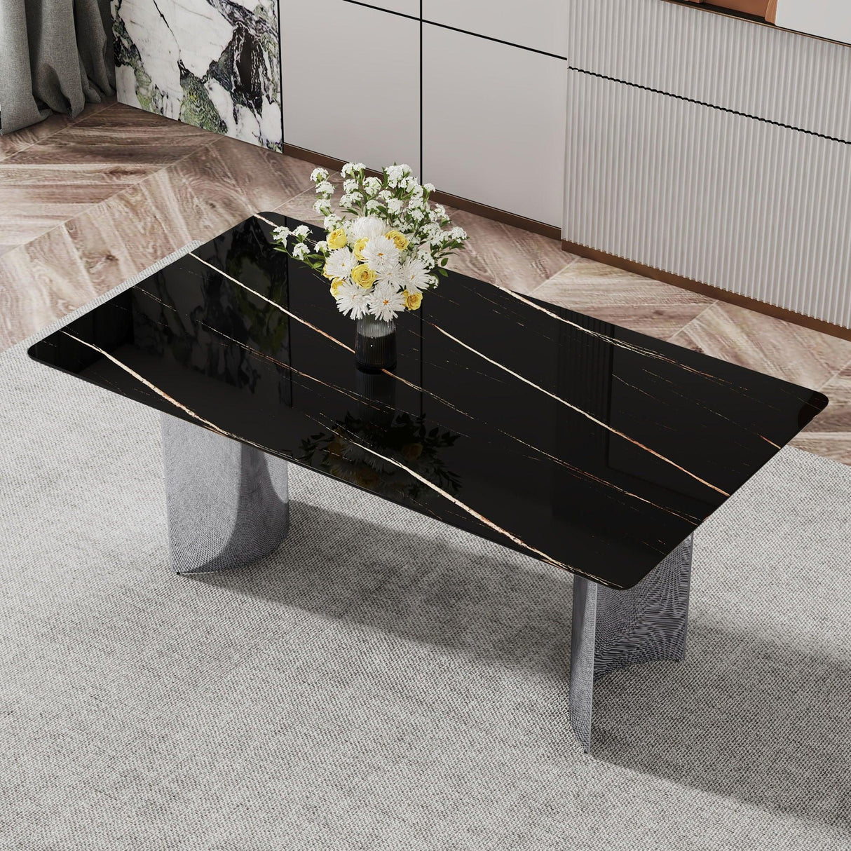 Modern Minimalist Dining Table With Imitation Marble Glass Desktop And Metal Legs - Furniture Home Direct