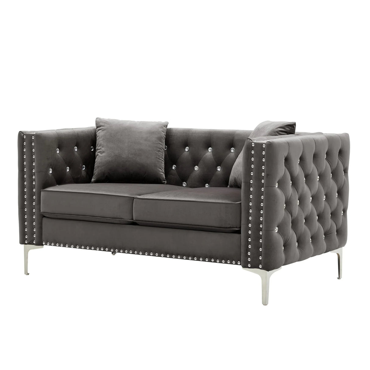 Wide Sofa With Jeweled Buttons Square Arm, 2 Pillows - Furniture Home Direct