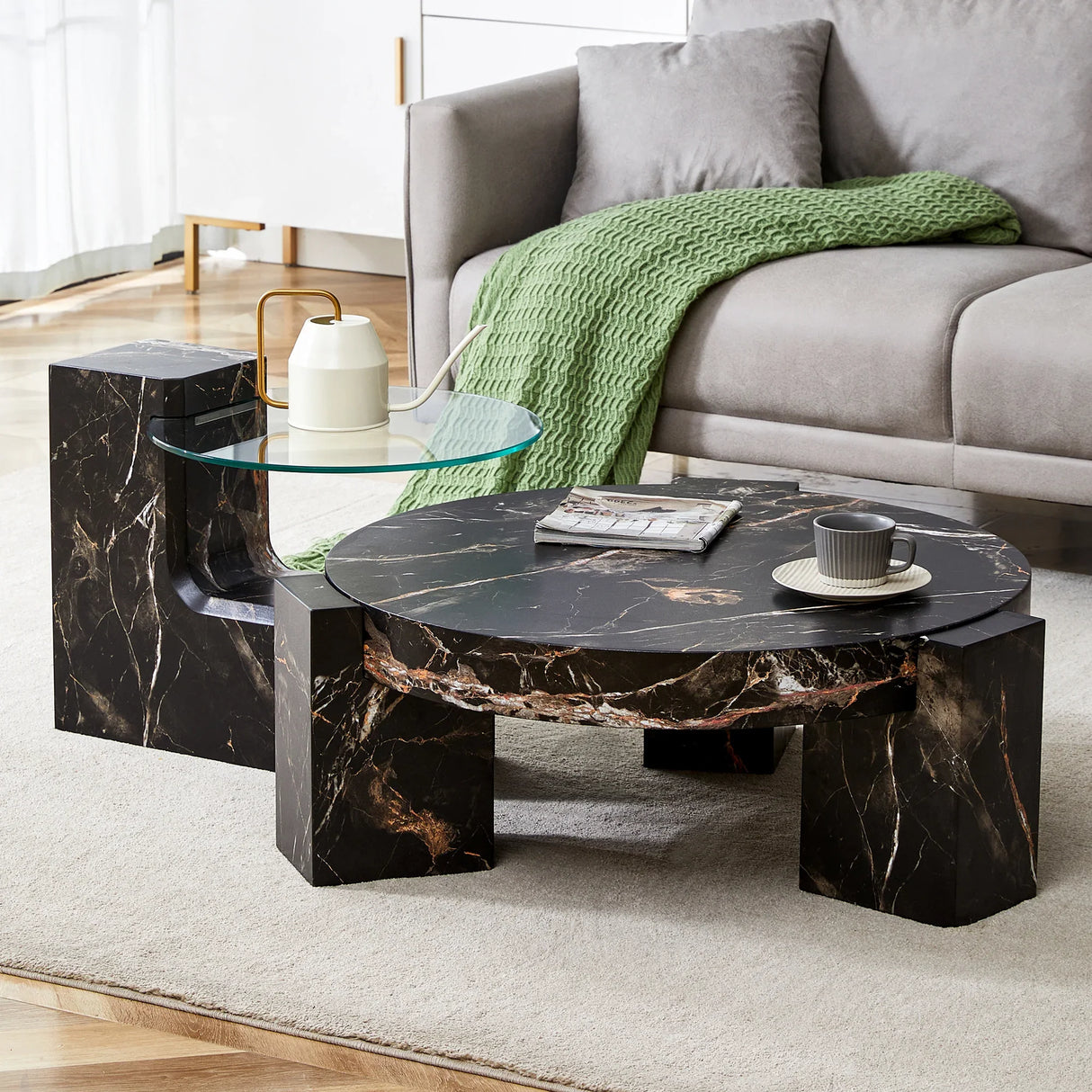 Detachable Double-Decker Black Patterned Coffee Table - Furniture Home Direct